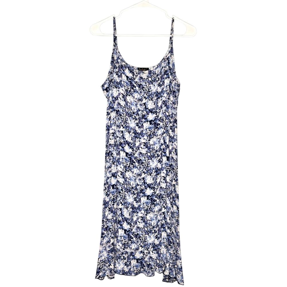 Loco Lindo Retro Inspired Blue Floral Ruffle Trim Slip Dress French Girl L